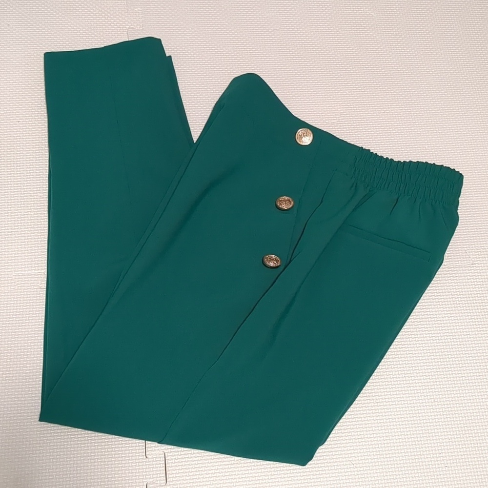 ZARA High Waisted Mariner Pants Forest Green Gold Button Trousers - S - Picture 3 of 11